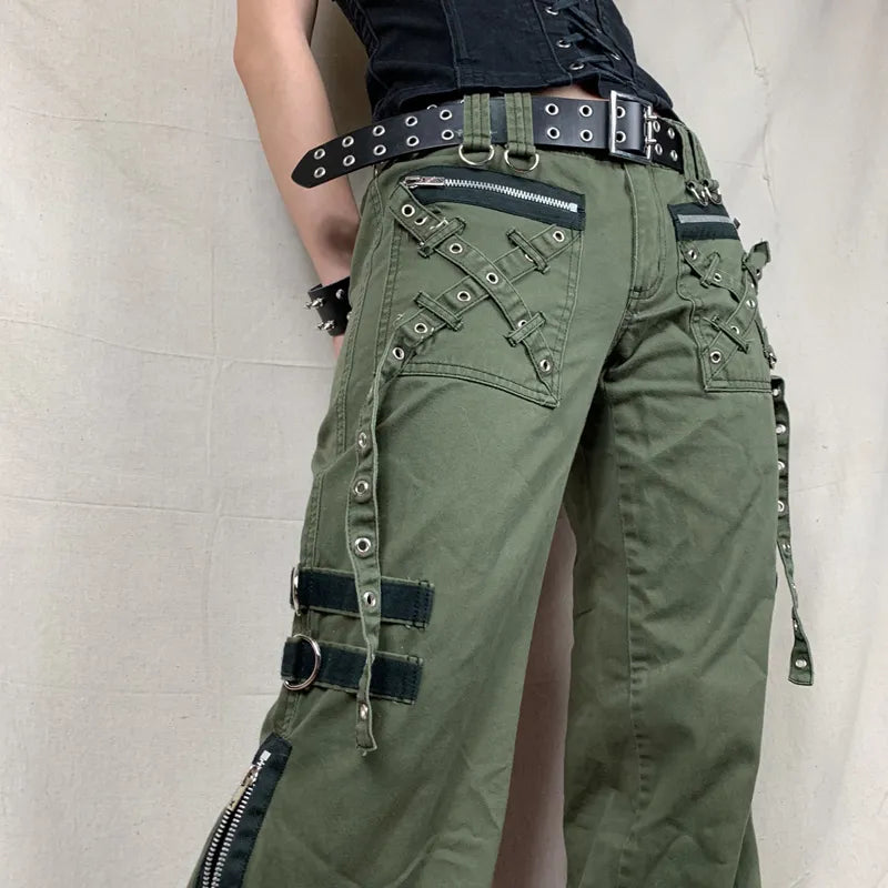 Women's Pants Gothic Punk Baggy Vintage Kawaii Trousers Bandage Low Waist Cargo Pants Grunge Green Zipper Jeans Korea Sweatpants