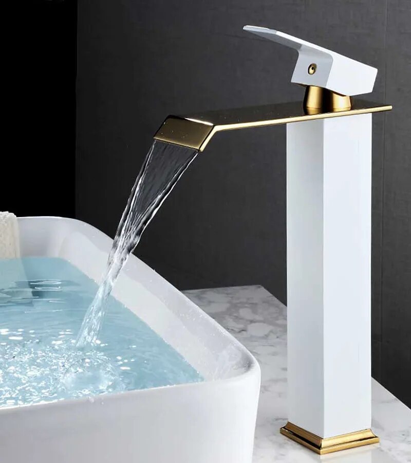 Waterfall Basin Faucet Deck Mounted Bathroom Sink Tap Black Gold Cold and Hot Water Mixer Tap Vanity Vessel Sink Brass Faucets