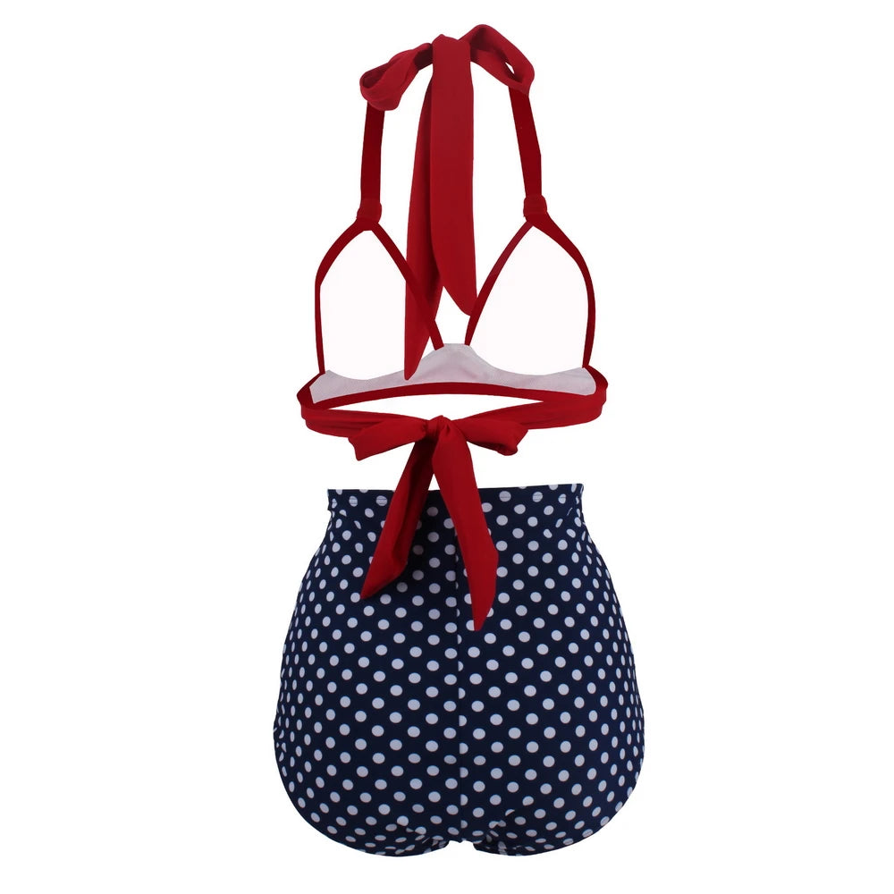 Pleated Bikini Red Top Navy Blue With White Dots Bottom Women Classic High Waist Halter Bikini Sets Plus Size Two-piece Swimwear