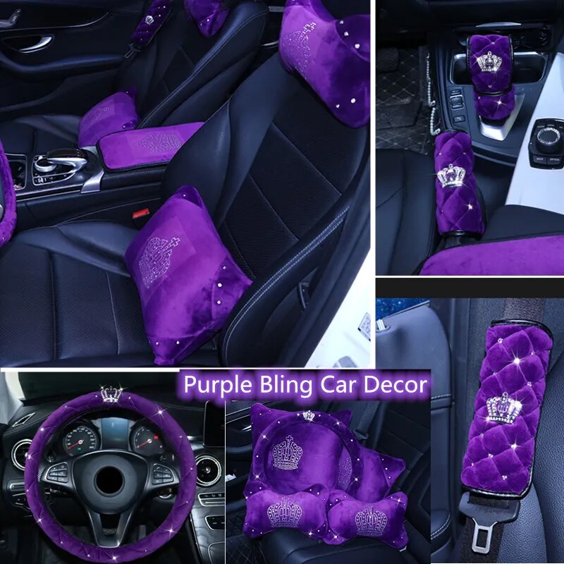 Purple Car Accessories Sparkle Auto Seat Cover Universal Cushion Front Rear Full Set Crystal Crown Noble Winter for Girls Women