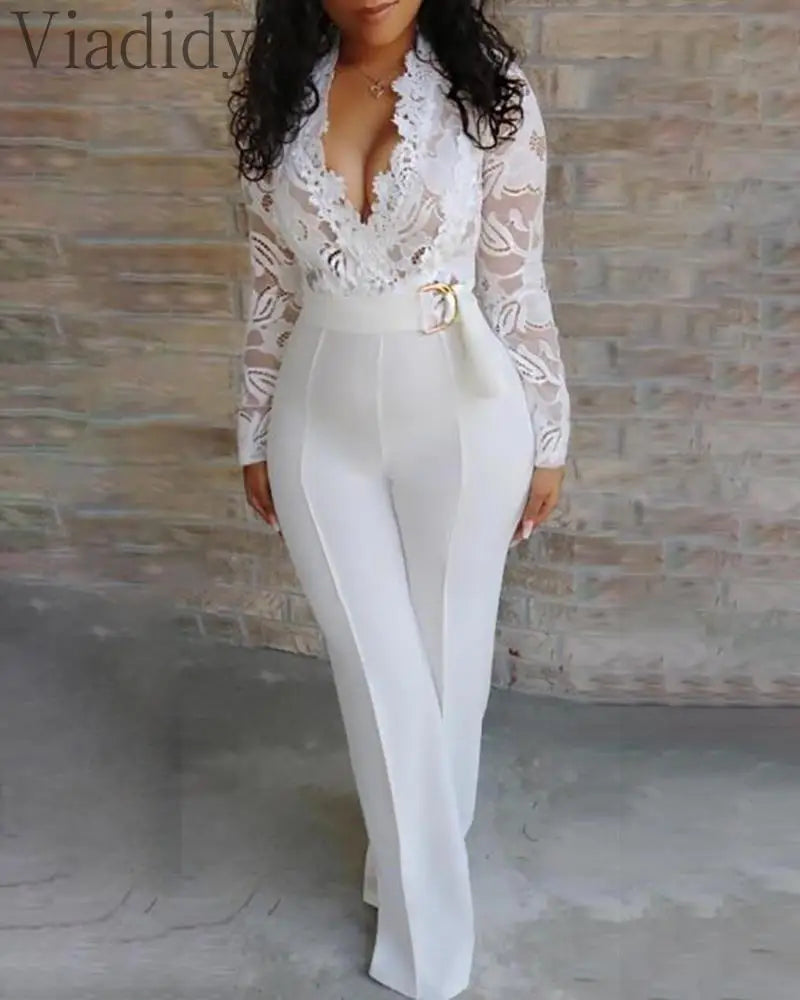 Women White Lace Bodice Insert Bodycon Wide Leg Jumpsuit