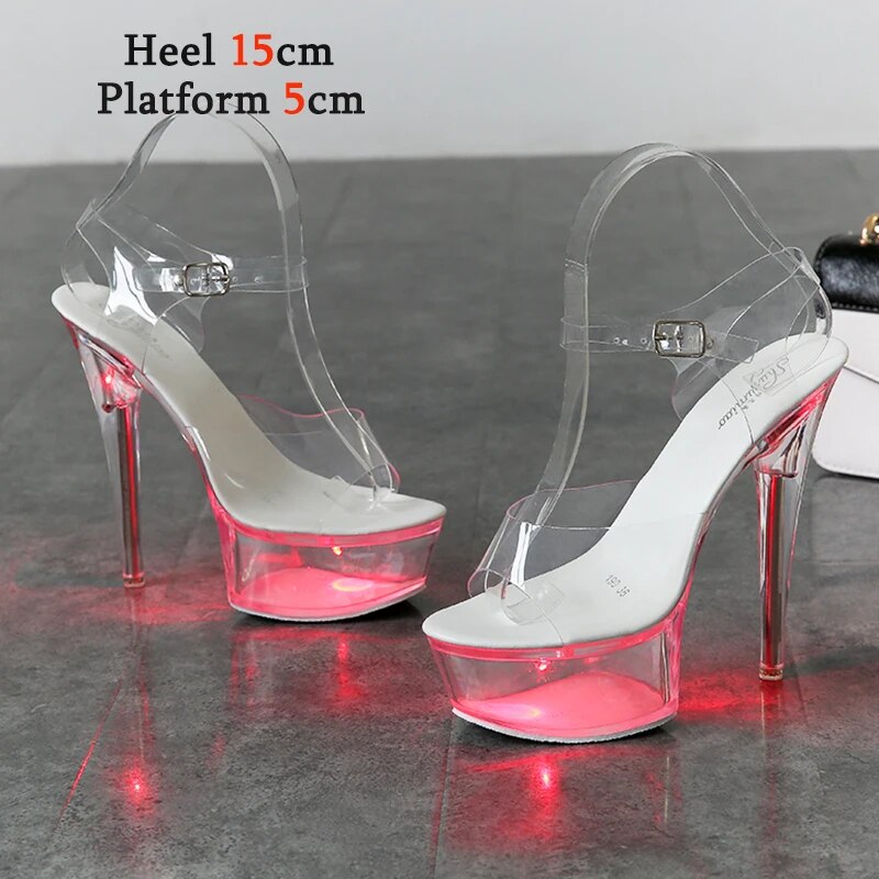 Light Up Glowing Shoes Woman Luminous Clear Sandals Women Platform Shoes LED 13cm High Heel Transparent Stripper Heels Shoes 