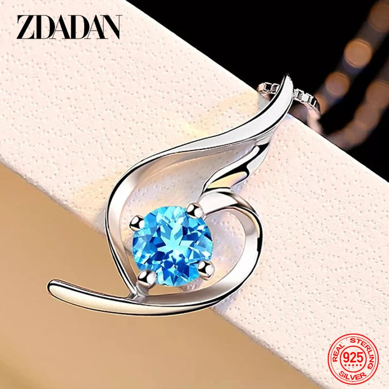 ZDADAN 925 Sterling Silver Blue Zircon Necklace Chain For Women Fashion Wedding Jewelry