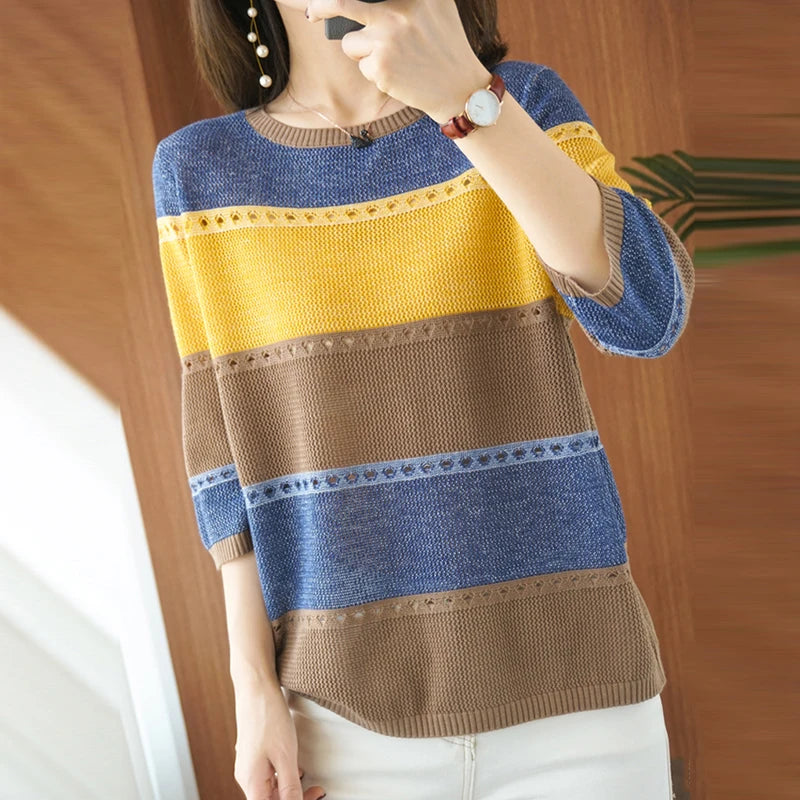 Summer Women knitted Short sleeve 2024 Thin Sweater Female Hollow Out Turtleneck Pullover Ladies knit Cotton Loose Jumpers