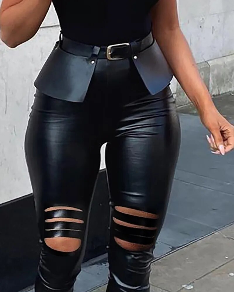 Spring Women Cutout PU Leather Skinny Pants With Belt 2023 New Sexy Femme High Waist Slit Trousers y2k Lady Clothing traf