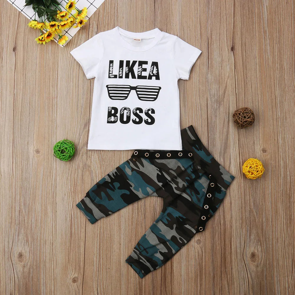 Newborn Baby Boys Clothes Toddler Kids Short Sleeve Letter T-shirt Camo Pants 2Pcs Outfits Set Baby's Clothing