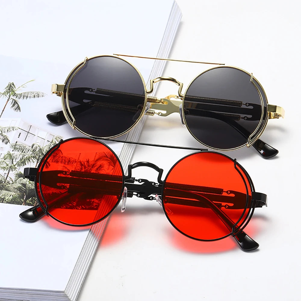 VIVIBEE Steampunk Sunglasses Men Round Red Lens Punk Sun Glasses Black Metal Gothic Style 2024 New Products Women UV400 Shades