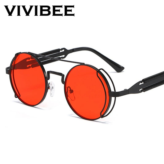 VIVIBEE Steampunk Sunglasses Men Round Red Lens Punk Sun Glasses Black Metal Gothic Style 2024 New Products Women UV400 Shades