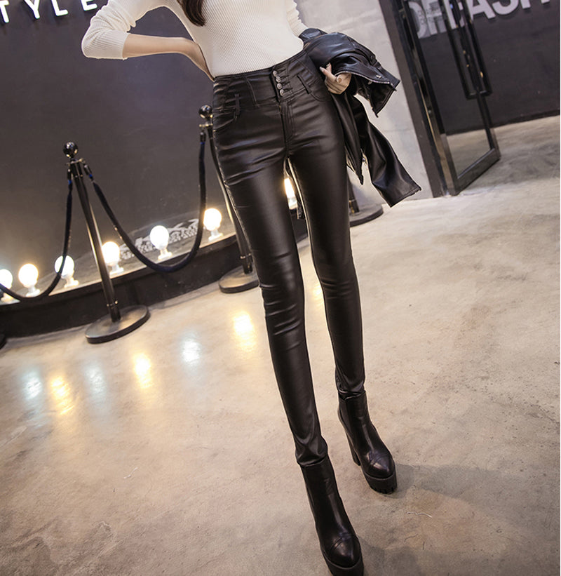 LANFUBEISI Winter Warm Women Pants Dropshipping Female PU Leather Velvet Trousers Elastic Pencil Skinny pants Women's Tight pants