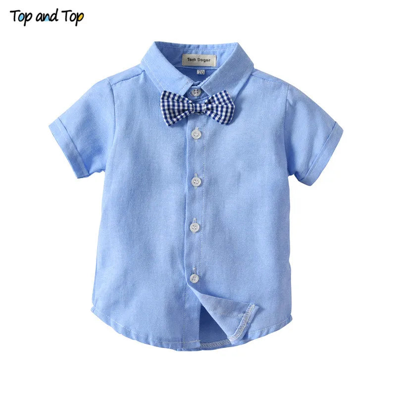 Top and Top Fashion Kids Baby Boys Summer Gentleman Bowtie Shirt Top+Suspenders Shorts Clothes Set Roupa Infantil Menino