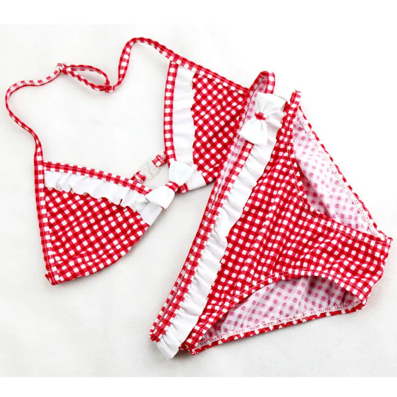 Summer Children's Two Pieces Swimsuit Girls Cute Swimwear Kids Infant Lovely Plaid Princess Bikini Suits For Big Girl 6-16Y