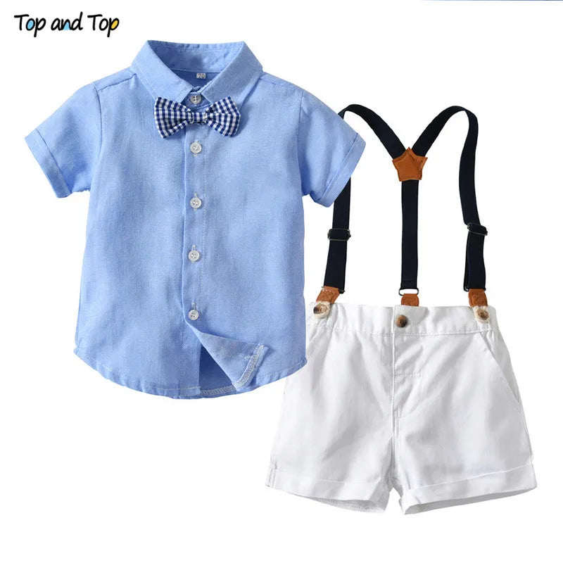 Top and Top Fashion Kids Baby Boys Summer Gentleman Bowtie Shirt Top+Suspenders Shorts Clothes Set Roupa Infantil Menino