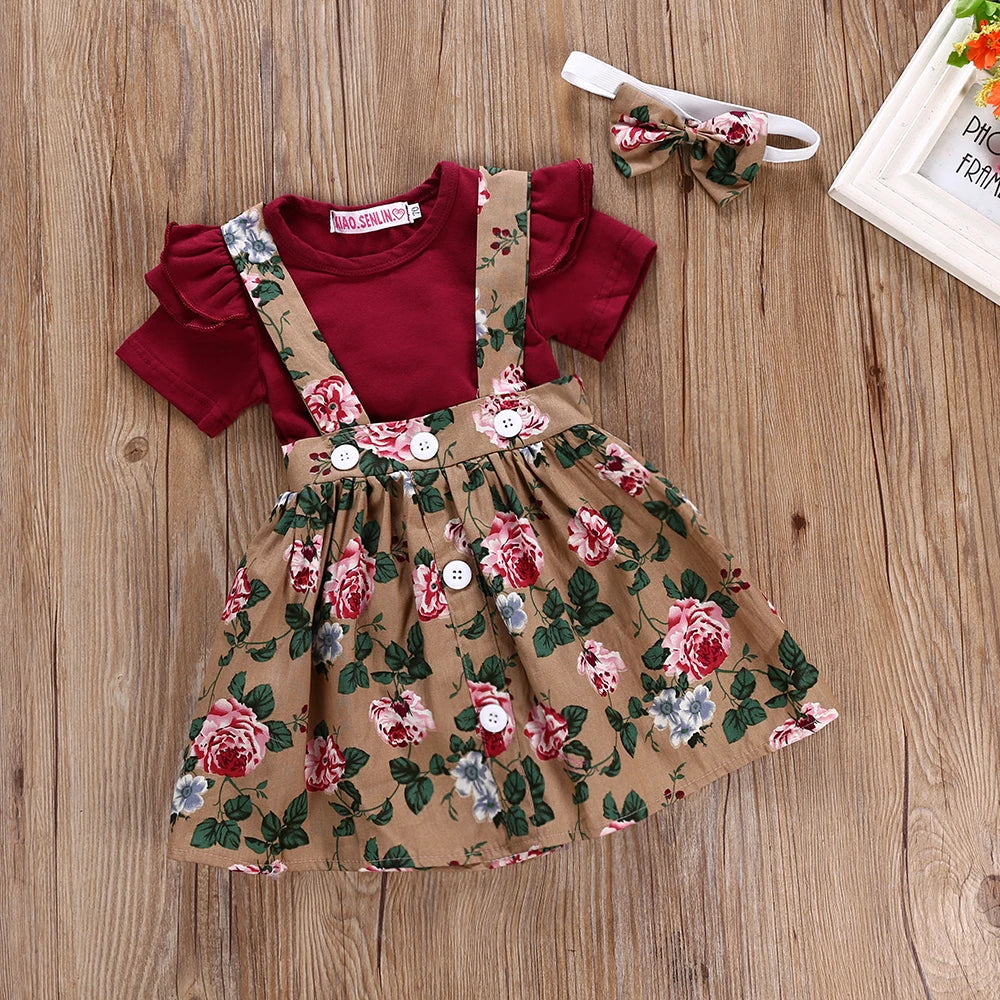 Summer Baby Girl Clothes Set Short Sleeve Bodysuit Floral Belt Dress Overalls 3Pcs Outfits Toddler Newborn Infant Girls Clothing