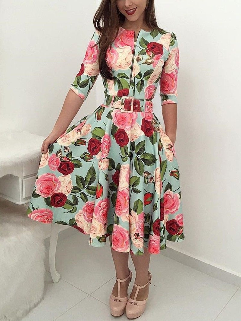 Musinge  Fashion Women Dress Floral O Neck Long Sleeve High Waist Zipper Dress Sexy Ladies  Party Clubwear Femme Clothes Autumn