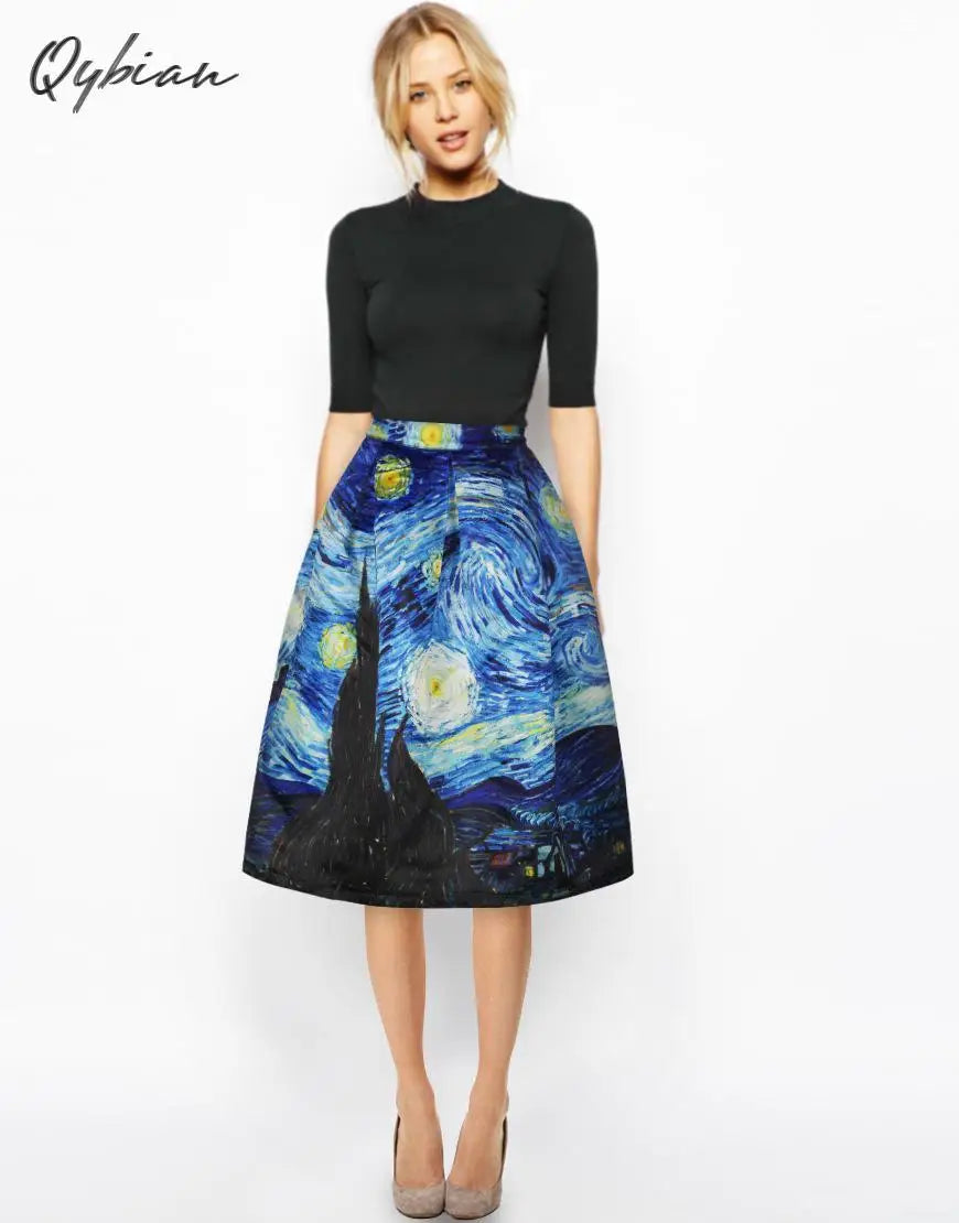 Qybian New Faldas Vintage Van Gogh Print Ladies Skirts High Waist Womens Skirts Valentine's Day Skirt Plus Size Skirt