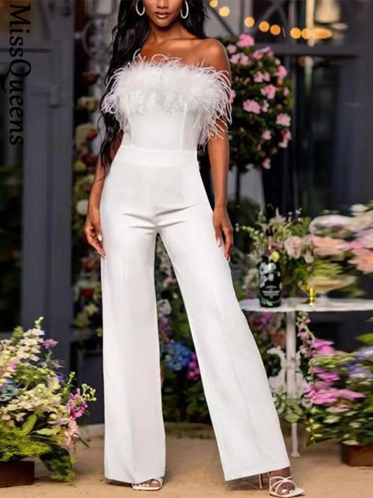 Women Sequined Feather-paneled Jumpsuit 