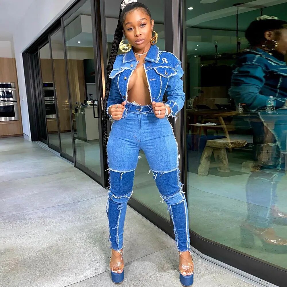 Two Peice Set Crop Top Short Denim Jacket Jeans Suit Sexy Outfits Women Festival 2 Peice Set African Clothes Stitch Patch 2022