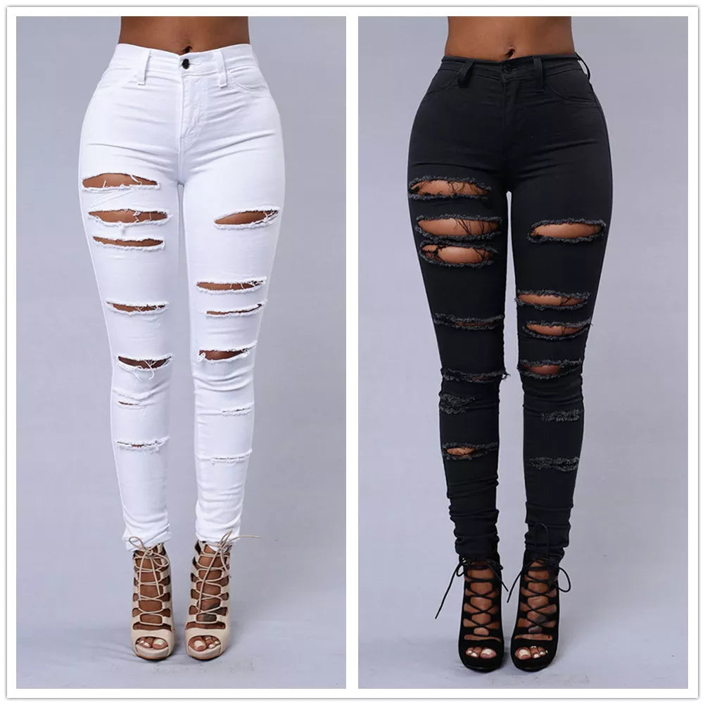 New Spring Summer Elastic Trousers Black and White Ripped Jeans Fashion Sexy Skinny Denim Pencil Pants S-3XL