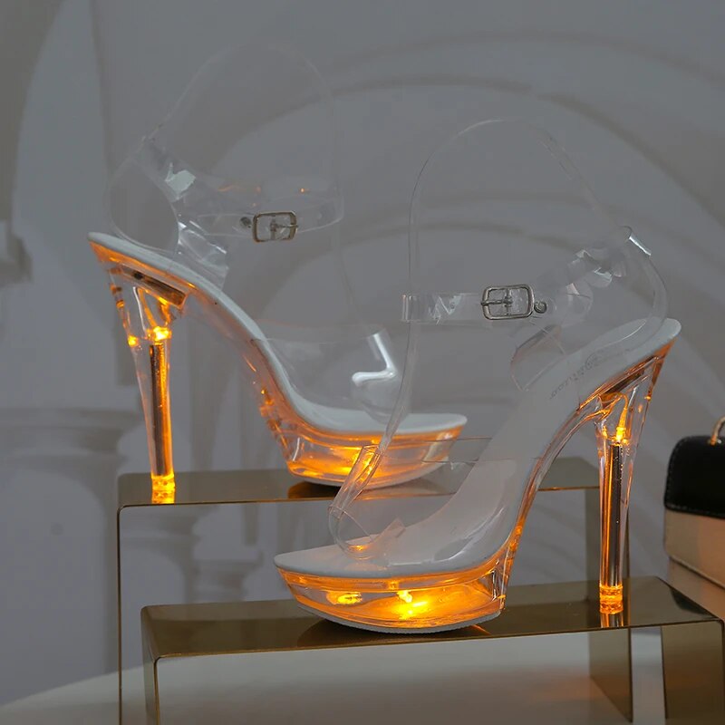 Light Up Glowing Shoes Woman Luminous Clear Sandals Women Platform Shoes LED 13cm High Heel Transparent Stripper Heels Shoes 