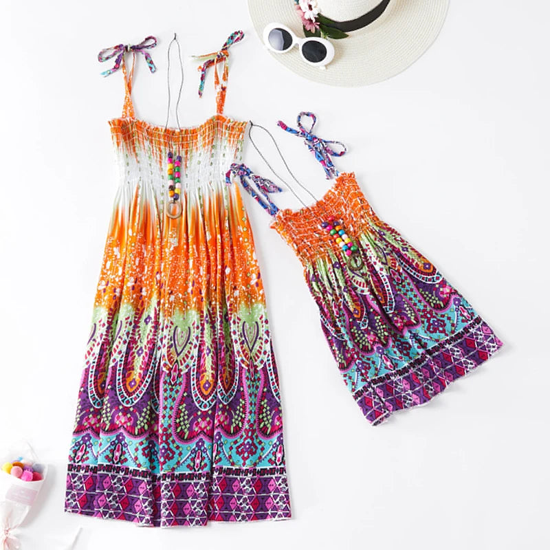 Summer Family Dress Mother and Daughter Matching Outfits Bohemian Beach Floral Sundress Dresses For Mom Girl Family Look Sets