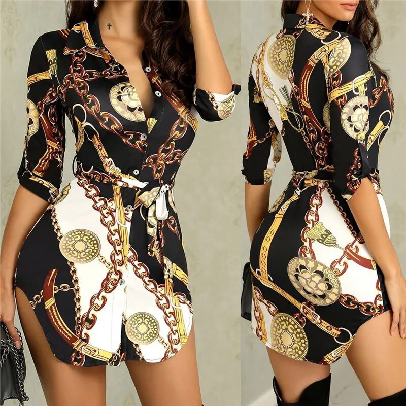 Women Summer Boho Midi Party Dresses Chain Print Stand Collar Single-breasted Shirt Dress Beach Dress Plus Size no Belt