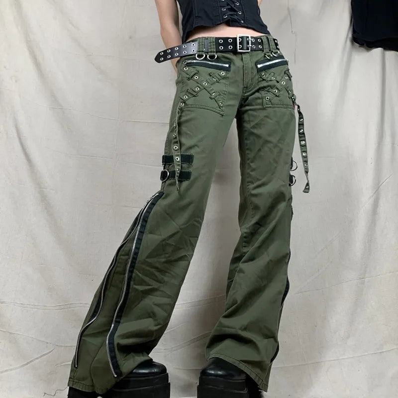 Women's Pants Gothic Punk Baggy Vintage Kawaii Trousers Bandage Low Waist Cargo Pants Grunge Green Zipper Jeans Korea Sweatpants