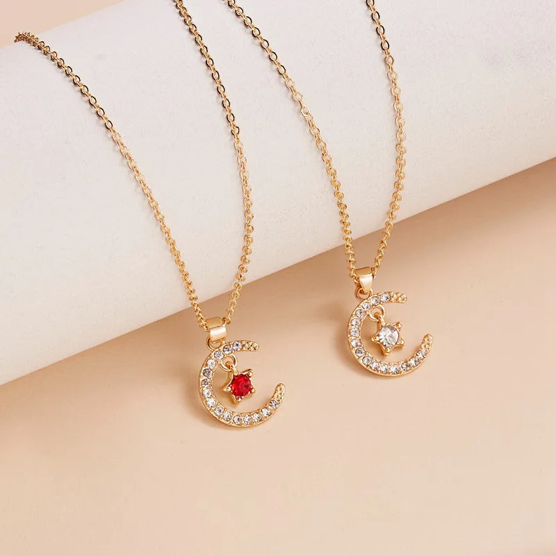 New Moon Star Crystal Birthstone Pendant Necklace For Women Choker Mom Birthday Jewelry Gift Gold Color Clavicle Chain Wish Card