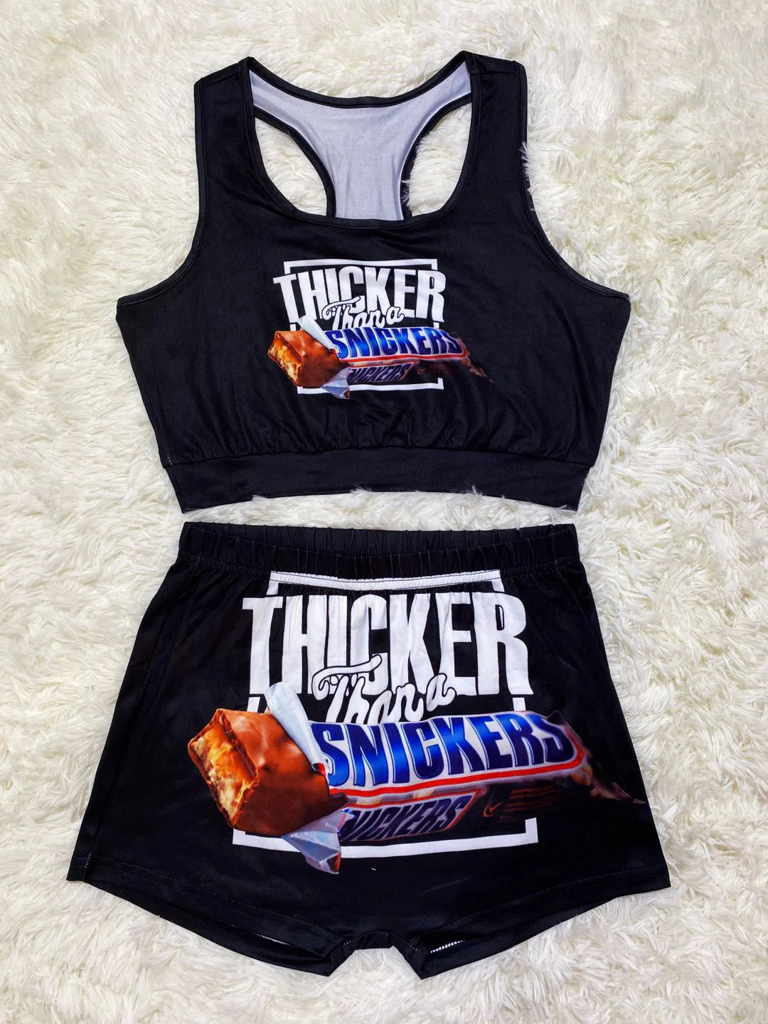 Women's Shorts Sets Snickers Juicy Snacks Tracksuit Tank Top + High Waist Shorts Work Out Two Piece Set Women Wholesale Items