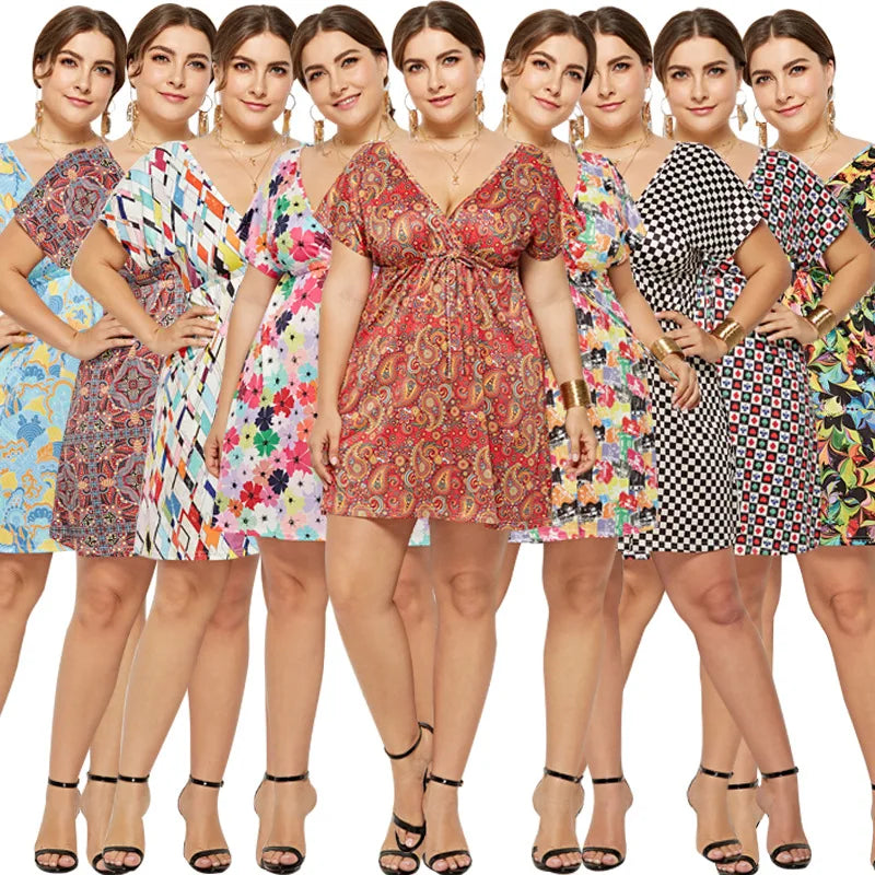 Plus Size Boho Dress 2023 Summer Women Sexy Backless Deep V-neck Floral Beach Dress Casual High Weist Mini Sumdress Femme Vestid