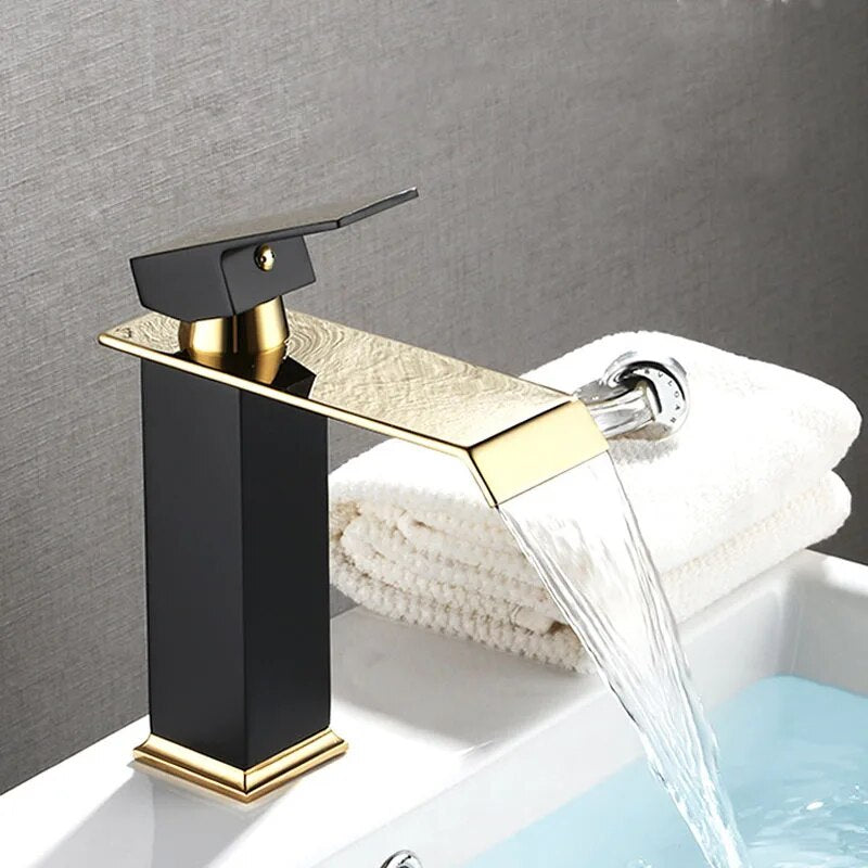 Waterfall Basin Faucet Deck Mounted Bathroom Sink Tap Black Gold Cold and Hot Water Mixer Tap Vanity Vessel Sink Brass Faucets