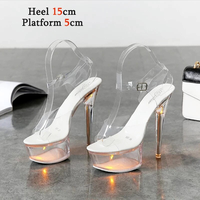 Light Up Glowing Shoes Woman Luminous Clear Sandals Women Platform Shoes LED 13cm High Heel Transparent Stripper Heels Shoes 