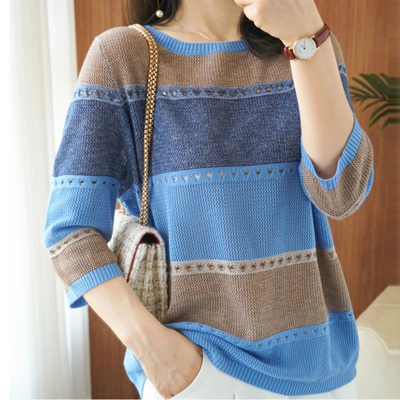 Summer Women knitted Short sleeve 2024 Thin Sweater Female Hollow Out Turtleneck Pullover Ladies knit Cotton Loose Jumpers