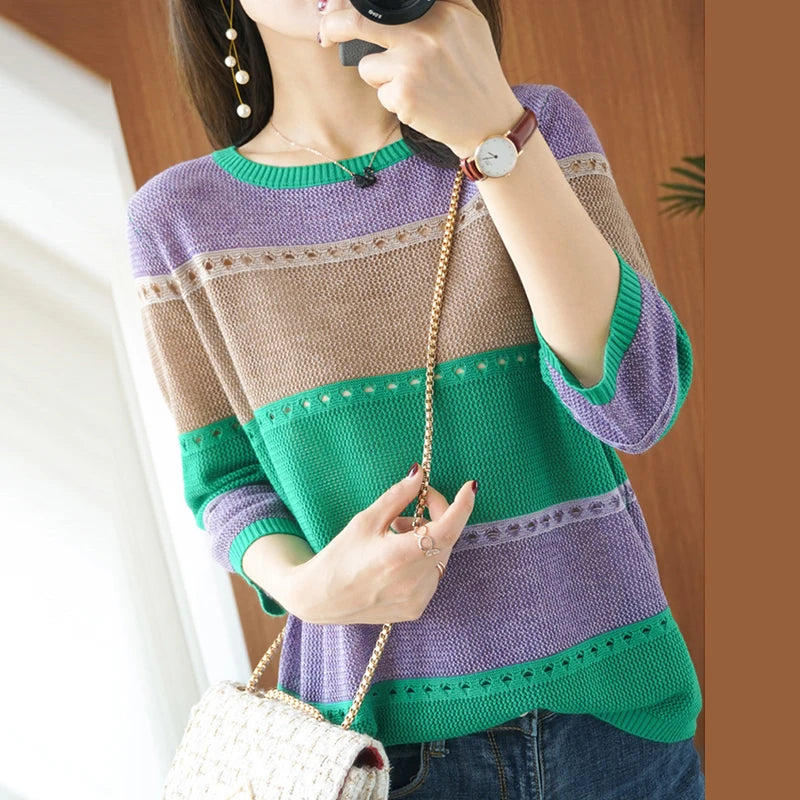 Summer Women knitted Short sleeve 2024 Thin Sweater Female Hollow Out Turtleneck Pullover Ladies knit Cotton Loose Jumpers