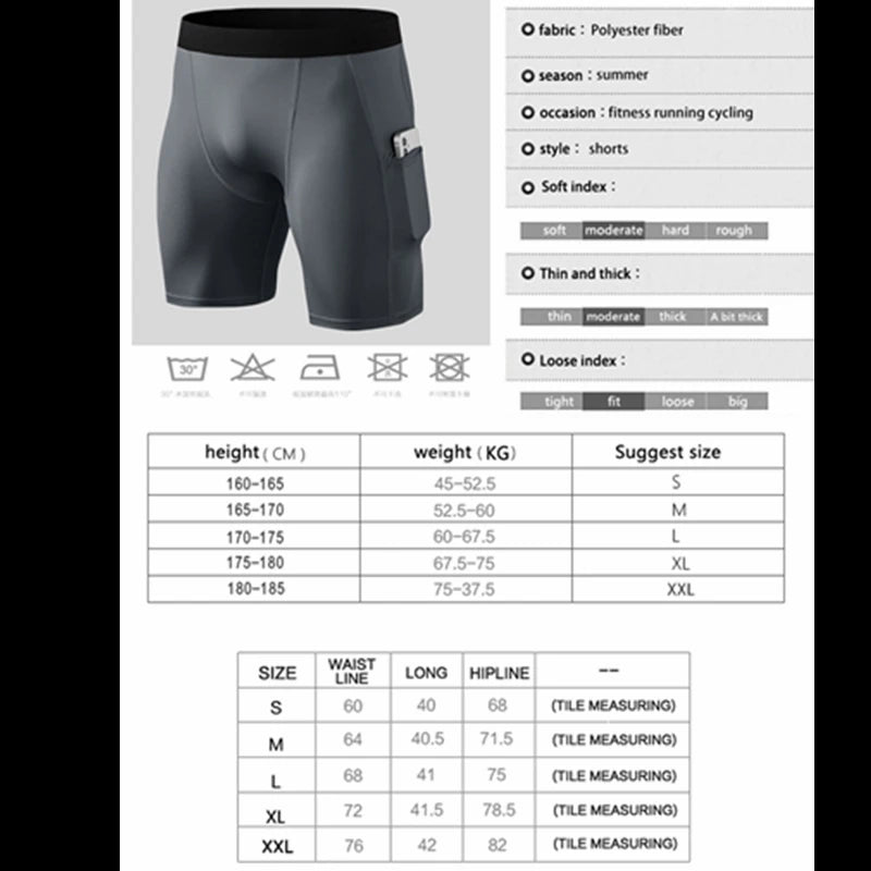 New Mens Compression Running Shorts Solid Base Layer Tights Gym Fitness Sport Workout Shorts Male Leggings Underwear Pocket