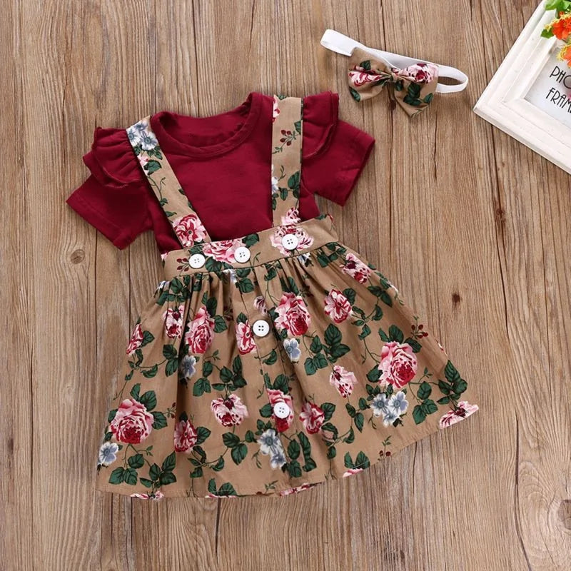 Baby Girl Floral Print Dress Romper Headband Clothes Set 