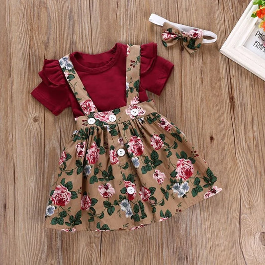 Baby Girl Floral Print Dress Romper Headband Clothes Set 
