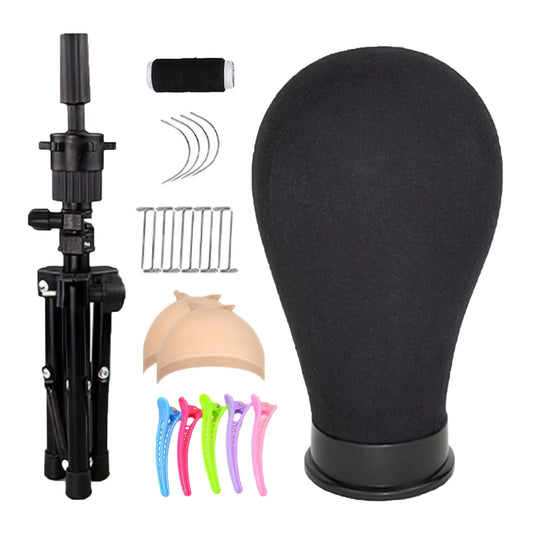 ^ZKSWT 23Inch Wig Canvas Head Mannequin Wig Head With Stand for Wig Making Mannequin Block Head Set with Mount Hole Styling Hair Clips T Needle C Needles Thread Wig CapsBlack