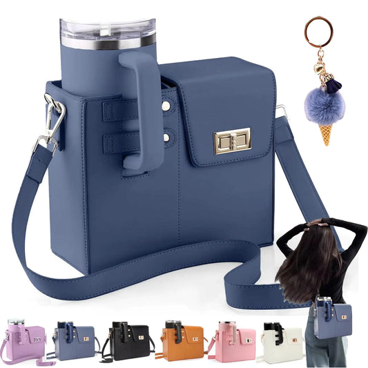 ^Purse with Cup Holder Outdoor Portable Crossbody Water Cup Storage Crossbody Bag Purse for Women (Blue)