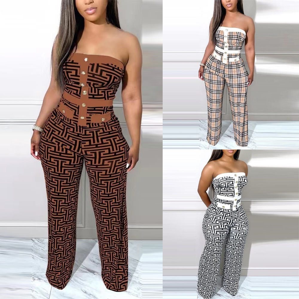 Cross-border Women's Wear New Sexy Print Color Block Bandeau One-Piece Wide Leg Pants