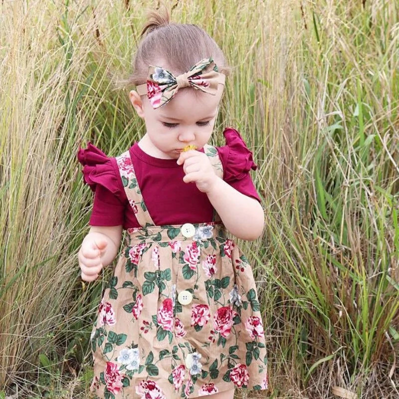 Baby Girl Floral Print Dress Romper Headband Clothes Set 