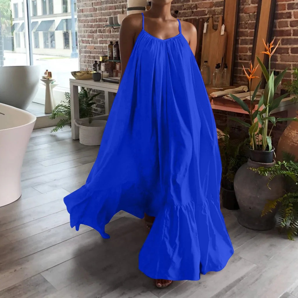 Women Boho Dress Fashion Casual Solid Sleeveless Strap Dress Pocket Loose Backless Big Swing Dress Summer Dress 2023 Vestidos