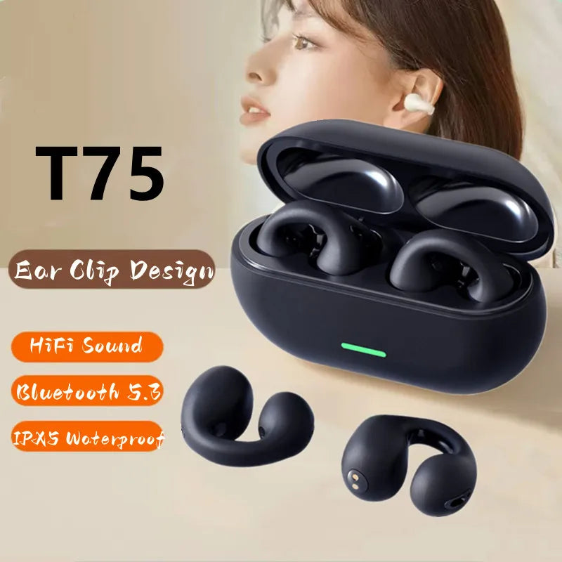 NEW Bluetooth 5.3 Wireless Bone Conduction Headphones T75 Clip Ear Music Noise Canceling Headset HD Call Sports Gaming Earphone