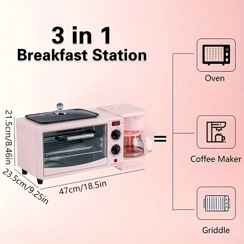 3-in-1 Breakfast Maker Home Mini Electric Oven Bread Maker,600ml Drip Coffee Machine,Non Stick Pan Fry Pan,Can Fry Grill Steak