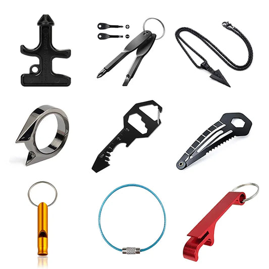 Multi-Function Screwdriver Keyring Fork Spoon Bottle Opener Keychain Self Defense Stinger Duron Drill Survival EDC Tools