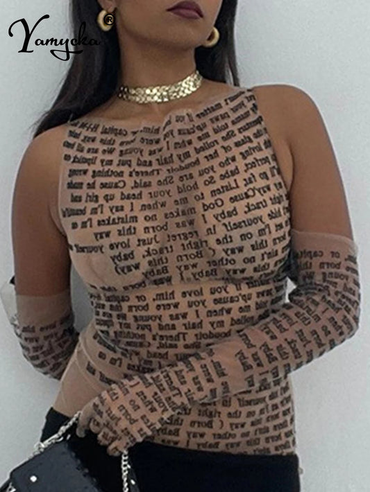 Sexy see through letter print crop top summer y2k top women clothes long sleeve tees cropped tops camisas tshirt womans clothing