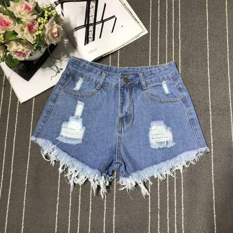 New High Waist Tassel Broken Denim Shorts Female Summer Raw Edge Wide Leg Loose Plus Size Jean Shorts Women