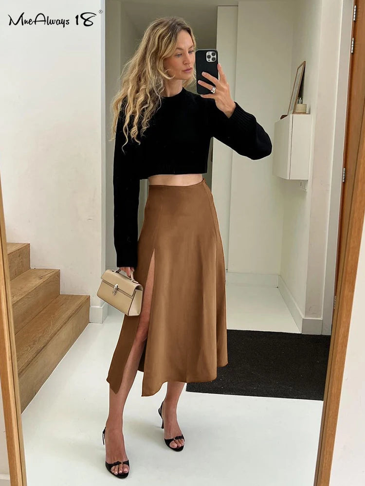 Mnealways18 A-Line Sexy Brown Slit Skirts Women Spring 2024 High Waist Office Skirts Vintage Ladies Office Elegant Midi Skirts