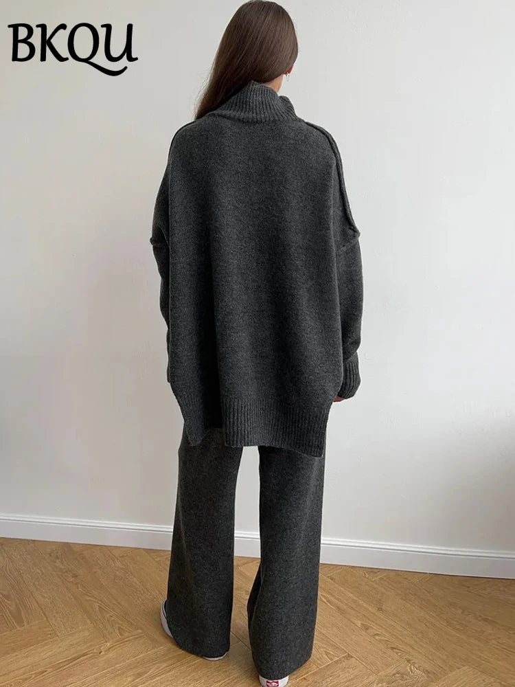 BKQU Knitted Sweater Two Pieces Pants Womens Oversize Outfits Winter Autumn Warm Turtleneck Pullover + Straight Pants Suits 2024