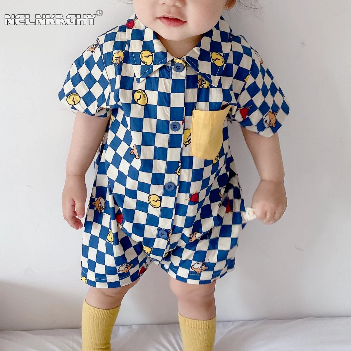 Summer 2023 New In! Cute Newborn Baby Boys' Short Sleeve Plaid Cartoon Print Romper Jumpsuits Kids Infant Cotton Clothes