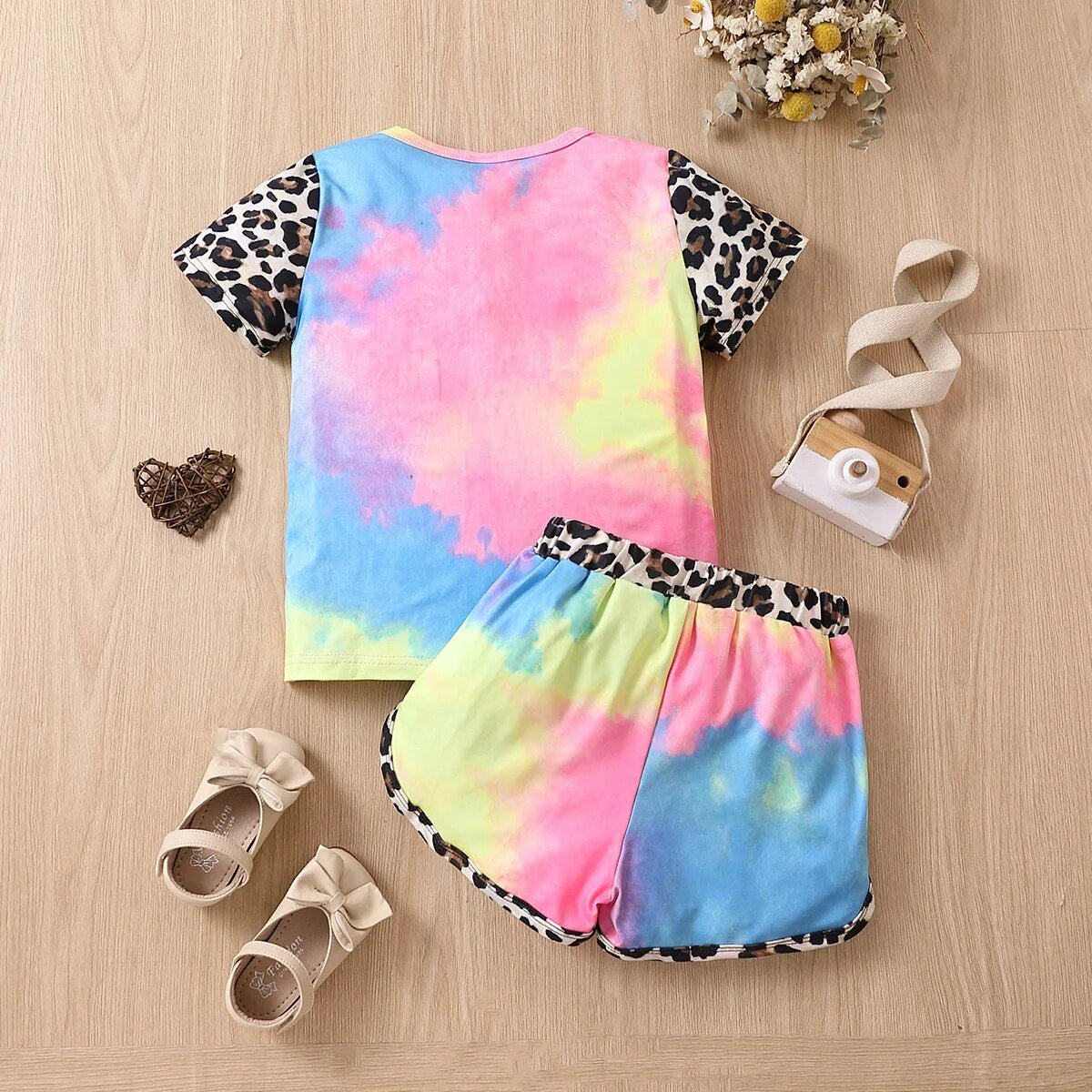 Summer girls short-sleeved suit leopard print letter print top shorts European and American style cotton kids clothing